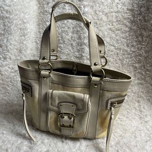 COACH LEGACY SIGNATURE  CREAM &Beige Canvas Tote #7551 leather trims & Straps.